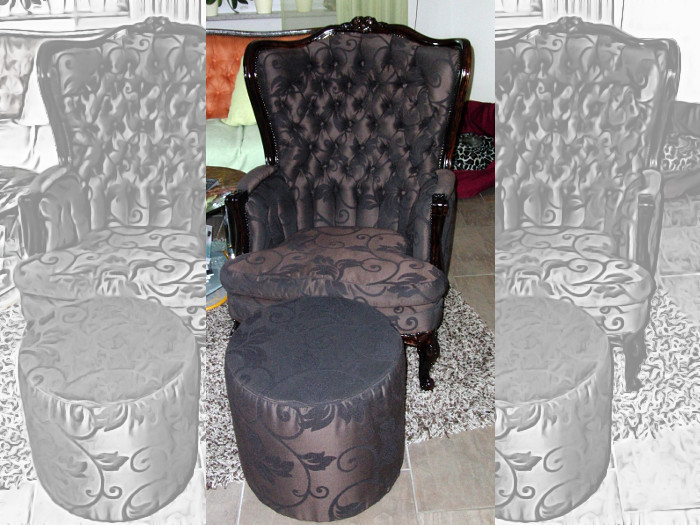 Sessel mit passendem Fußschemel, neu gepolstert und bezogen